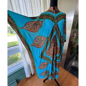 Vintage 70s muumuu, peacock blue, orange green abstract print, front zipper